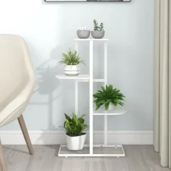 Blomsterstativ med 4 niveauer i metal - Plantestativ | Farve: Hvid | Størrelse: 43x22x76 cm