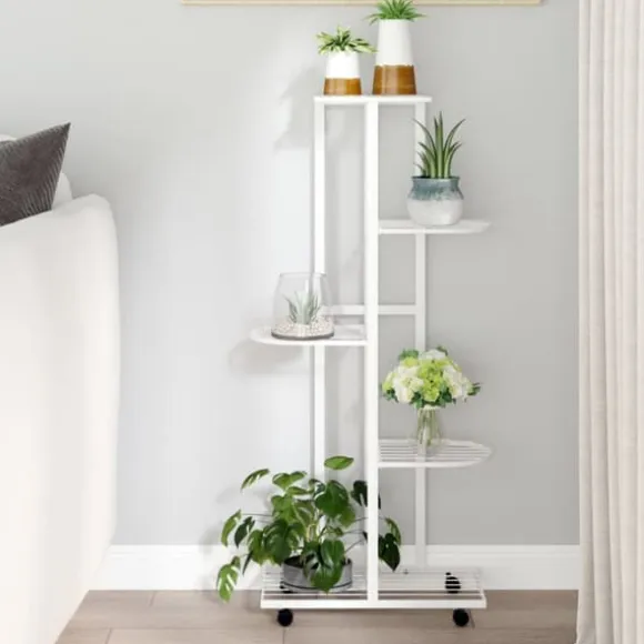 Blomsterstativ med 5 niveauer og hjul - Plantestativ i jern | Farve: Hvid | Størrelse: 44x23x100 cm