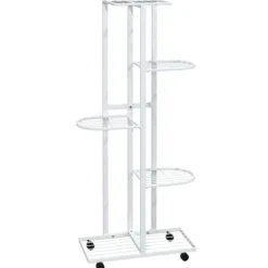 Blomsterstativ med 5 niveauer og hjul - Plantestativ i jern | Farve: Hvid | Størrelse: 44x23x100 cm