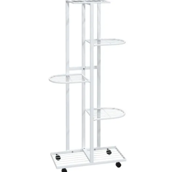 Blomsterstativ med 5 niveauer og hjul - Plantestativ i jern | Farve: Hvid | Størrelse: 44x23x100 cm