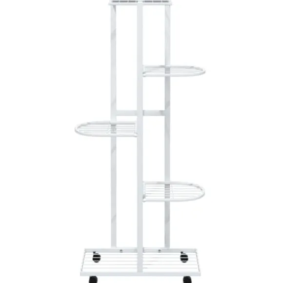 Blomsterstativ med 5 niveauer og hjul - Plantestativ i jern | Farve: Hvid | Størrelse: 44x23x100 cm