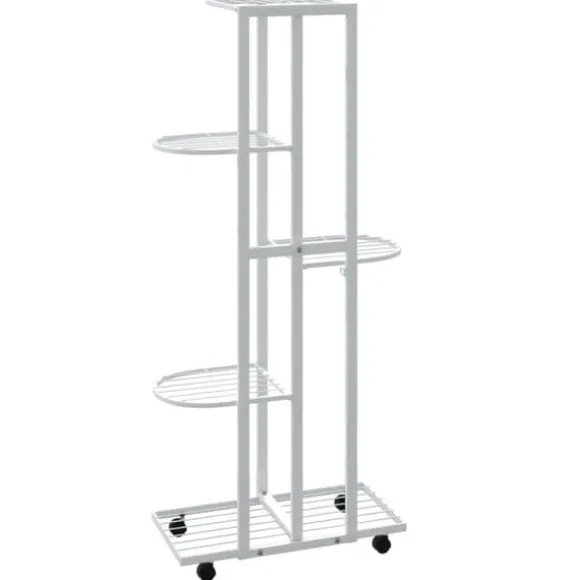 Blomsterstativ med 5 niveauer og hjul - Plantestativ i jern | Farve: Hvid | Størrelse: 44x23x100 cm