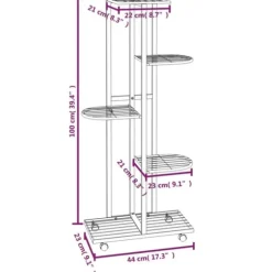 Blomsterstativ med 5 niveauer og hjul - Plantestativ i jern | Farve: Hvid | Størrelse: 44x23x100 cm