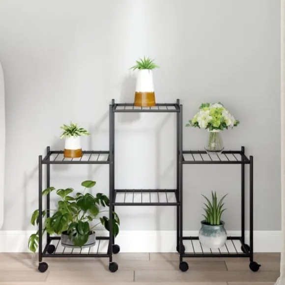 Blomsterstativ med hjul - Robust plantehylde i jern | Farve: Sort | Størrelse: 83x25x63,5 cm
