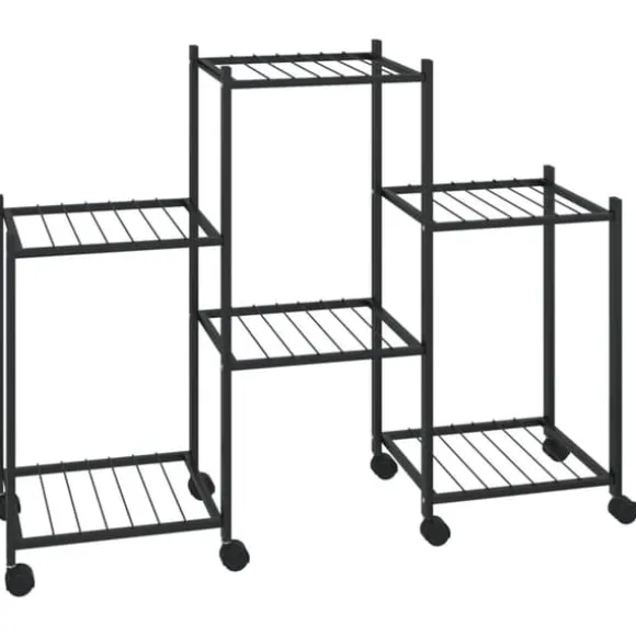 Blomsterstativ med hjul - Robust plantehylde i jern | Farve: Sort | Størrelse: 83x25x63,5 cm