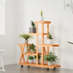 Blomsterstativ med hjul i massivt fyrretræ - Plantestativ | Størrelse: 95x25x101 cm