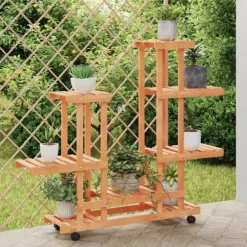 Blomsterstativ med hjul i massiv fyrretræ - Plantestativ til indendørs og udendørs brug | Størrelse: 95x25x101 cm