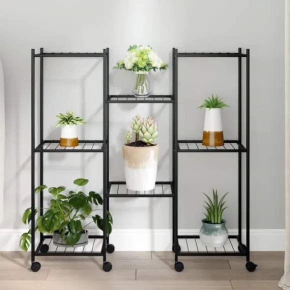 Blomsterstativ med hjul 83x25x83,5 cm jern sort - Blomsterstativ - Blomsterstativer - Home & Living