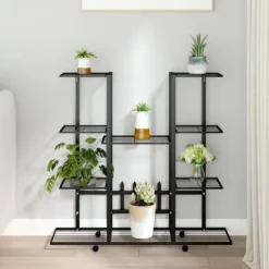 Blomsterstativ med hjul 94,5x24,5x91,5 cm jern sort - Blomsterstativ - Blomsterstativer - Home & Living