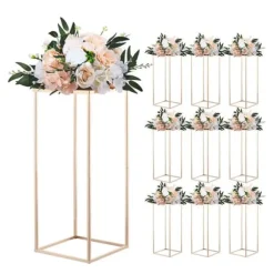 Blomsterstativer - Rektangulære Søjler - Sæt med 10 - 60 cm Højde - Metalramme - Til Bryllup og Fest - Guld