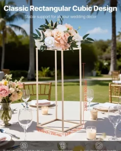 Blomsterstativer - Rektangulære Søjler - Sæt med 10 - 60 cm Højde - Metalramme - Til Bryllup og Fest - Guld
