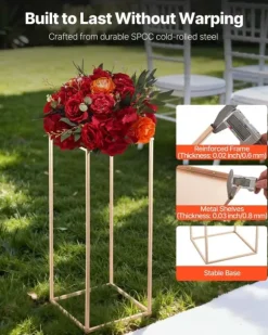 Blomsterstativer - Rektangulære Søjler - Sæt med 10 - 60 cm Højde - Metalramme - Til Bryllup og Fest - Guld