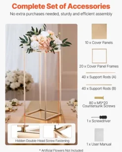 Blomsterstativer - Rektangulære Søjler - Sæt med 10 - 60 cm Højde - Metalramme - Til Bryllup og Fest - Guld