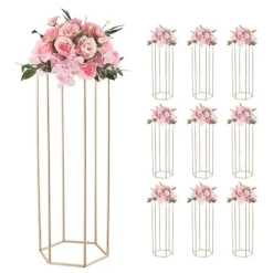 Blomsterstativer - Søjle - 10 stk - 80 cm Høje - Sekskantet Design - Med Akrylplade - Midtpunkt Til Bryllup & Fest - Guld