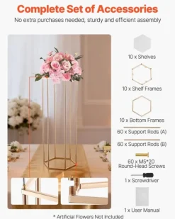 Blomsterstativer - Søjle - 10 stk - 80 cm Høje - Sekskantet Design - Med Akrylplade - Midtpunkt Til Bryllup & Fest - Guld