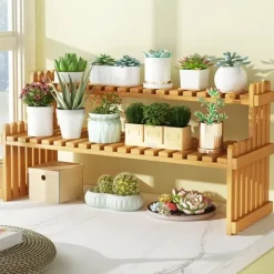 Bordplade Bambus Plantestativ Desktop Flower Hylde Stativ til Indendørs Udendørs Hjem Terrasse Græsplæne Have Balkon Stor 60 cm/23.62in