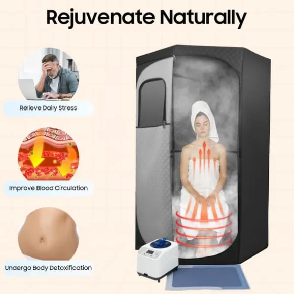 Bærbar damp sauna, 1350W, 3L vandtank, 5-60 minutters tidsinterval, 9 justerbare varmeindstillinger, rummelig femkantet telt