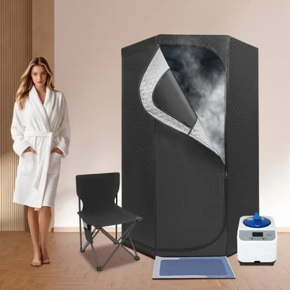 Bærbar dampsauna - Saunatelt til hjemmet - 1350 W - 3 l vandtank - 9 varmeniveauer - Timer 5–60 min - Foldbar stol - 1,15 m ledning