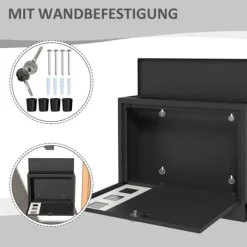 Brevspring med avisfack, vindue og 2 nøgler – sort metal 36,5×11,5×29 cm