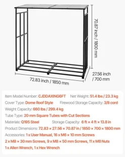 Brændehylde - Brændeholder med skråt tag - Udendørs - Længde 1,85 m - Kapacitet 0,9 m³ - Maks. belastning 299 kg - Pulverlakeret stål