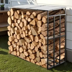 Brændehylde - Brændeholder med skråt tag - Udendørs - Længde 1,85 m - Kapacitet 0,9 m³ - Maks. belastning 299 kg - Pulverlakeret stål