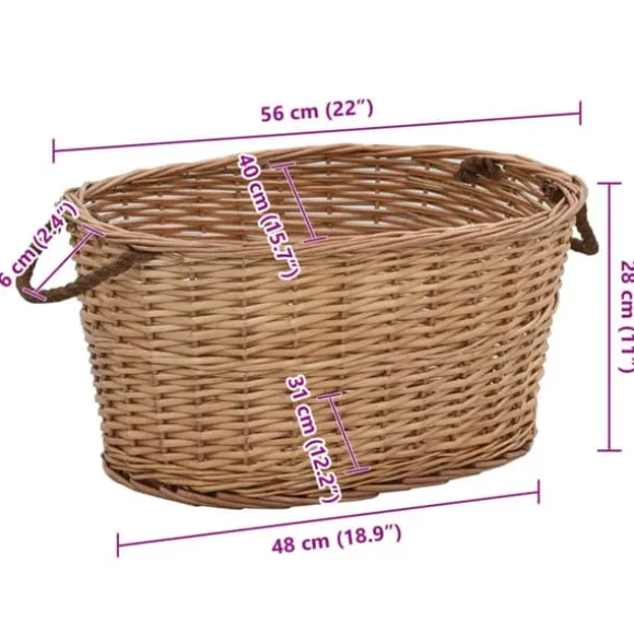 Brændekurv med håndtag i naturlig pil - Holdbar opbevaring til brænde | Størrelse: 58x42x29 cm