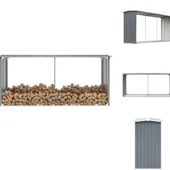 Brændekurve – tilbehør - Living brændeskur til haven galvaniseret stål 330 x 92 x 153 cm grå