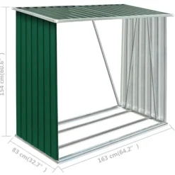 Brændeskur i galvaniseret stål - Holdbar opbevaringsløsning | Størrelse: 163x83x154 cm | Farve: Grøn