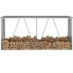Brændeskur i galvaniseret stål - Holdbar opbevaring til brænde | Størrelse: 330x84x152 cm | Farve: Grå