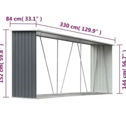 Brændeskur i galvaniseret stål - Holdbar opbevaring til brænde | Størrelse: 330x84x152 cm | Farve: Grå