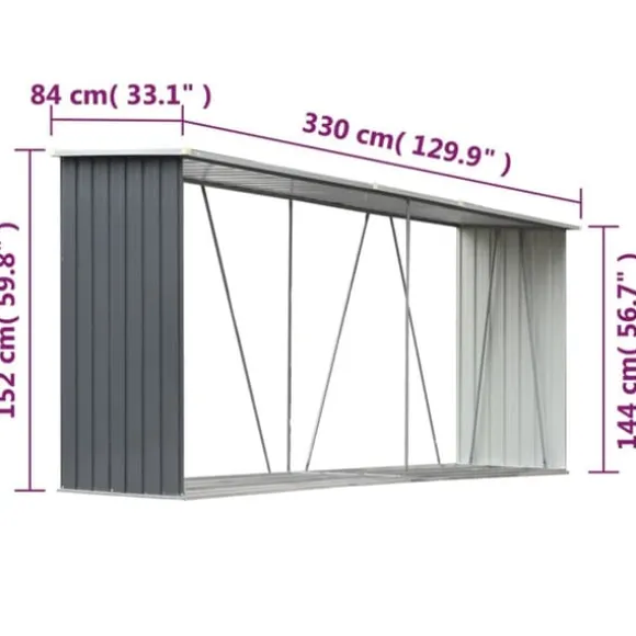 Brændeskur i galvaniseret stål - Holdbar opbevaring til brænde | Størrelse: 330x84x152 cm | Farve: Grå