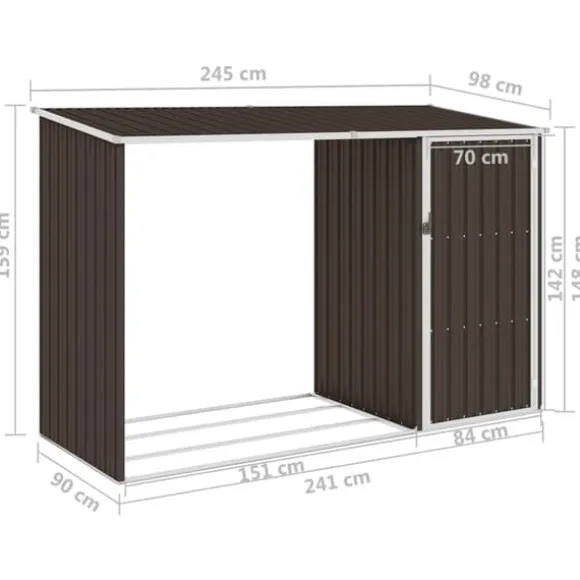 Brændeskur i galvaniseret stål - Haveskur med forlænget tag | Farve: Brun | Størrelse: 245x98x159 cm
