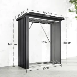 Brændeskur i stål med hævet bund og pulttag, 150×66,5×150 cm, mørkegrå