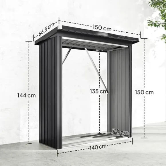 Brændeskur i stål med hævet bund og pulttag, 150×66,5×150 cm, mørkegrå