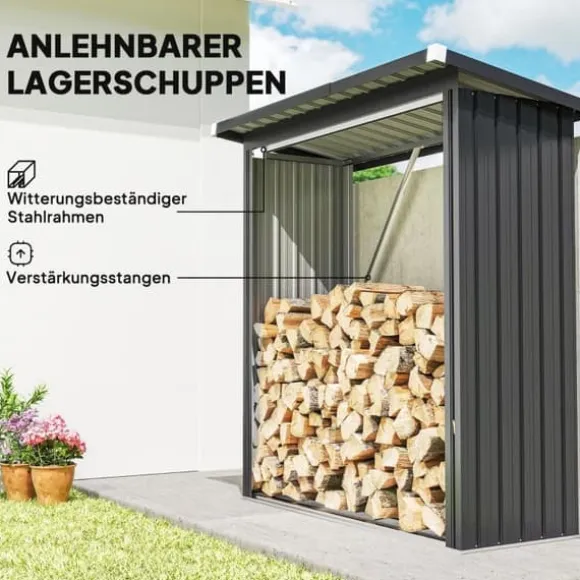 Brændeskur i stål med hævet bund og pulttag, 150×66,5×150 cm, mørkegrå