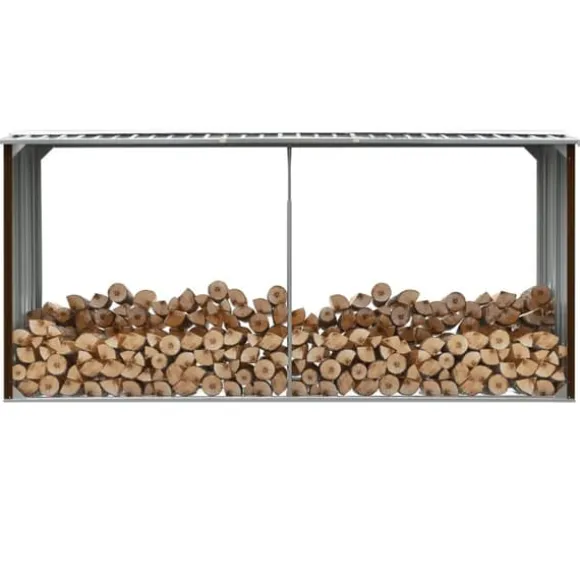 Brændeskur til haven - Galvaniseret stål | Størrelse: 330 x 92 x 153 cm | Farve: Brun