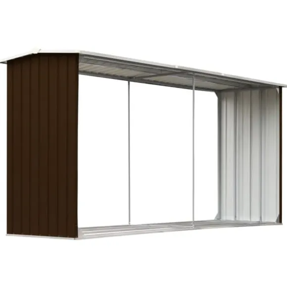 Brændeskur til haven - Galvaniseret stål | Størrelse: 330 x 92 x 153 cm | Farve: Brun