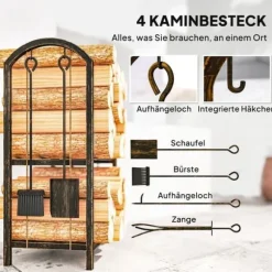 Brændestativ 43×30×74 cm, 2 niveauer, med 4 pejseværktøjer og kroge