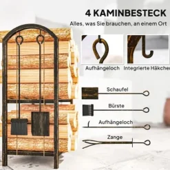 Brændestativ 43×30×74 cm, 2 niveauer, med 4 pejseværktøjer og kroge