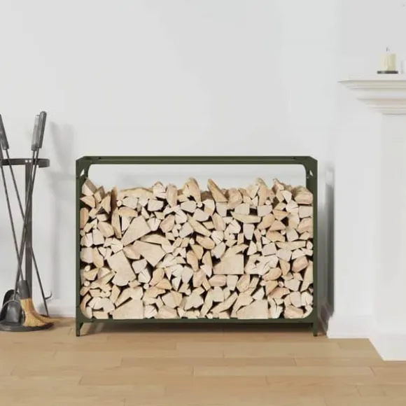Brændestativ i koldvalset stål - Robust brændereol | Farve: Olivengrøn | Størrelse: 90x28x65 cm