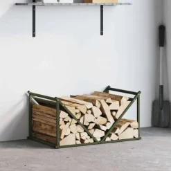 Brændestativ i koldvalset stål - Robust brændeholder | Størrelse: 70x43x34,5 cm | Farve: Olivengrøn