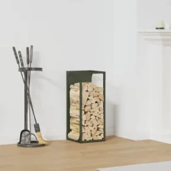 Brændestativ i koldvalset stål - Stabil brændeopbevaring | Farve: Olivengrøn | Størrelse: 25x25x60 cm