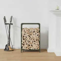 Brændestativ i koldvalset stål - Robust brændeholder | Størrelse: 44x28x65 cm | Farve: Olivengrøn