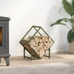 Brændestativ i koldvalset stål - Robust opbevaring til brænde | Farve: Olivengrøn | Størrelse: 50x25x50 cm