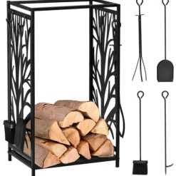 Brændestativ med pejsesæt 46×30×70 cm, stål sort – hyggelig pejs