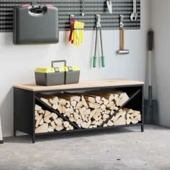 Brændestativ med trætop - Robust brændereol | Størrelse: 100,5x35,5x40 cm | Farve: Sort