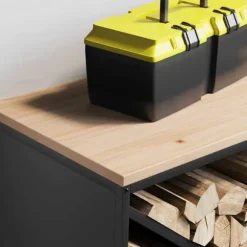 Brændestativ med trætop - Robust brændereol | Størrelse: 100,5x35,5x40 cm | Farve: Sort