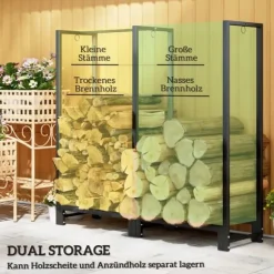 Brændestativ pejsebrænde stål sort 123x32x115 cm, 2 rum, 3 kroge, indendørs/udendørs, op til 200 kg