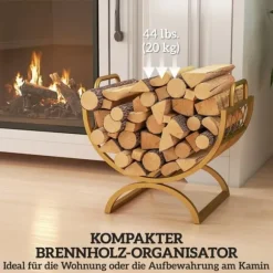 Brændestativ til indendørs brug 46×36×41 cm til pejs/ovn, metal, guld