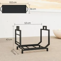 Brændestativ til indendørs opbevaring, 53 x 33 x 43 cm, brændestativ med bæretaske, metal, sort